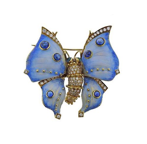 18k Gold Diamond Sapphire Enamel Butterfly Brooch