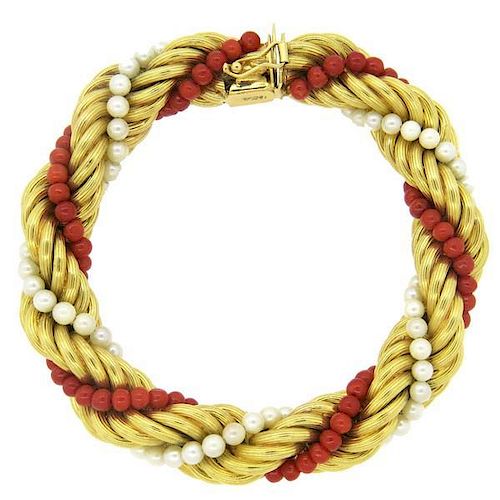 1960s Red Coral Pearl 18k Gold Bracelet