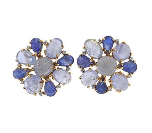 18k Gold Diamond Sapphire Cabochon Earrings
