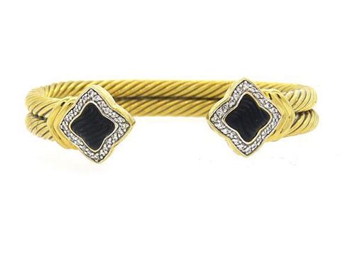 David Yurman Quatrefoil 18k Gold Diamond Onyx Cable Bracelet