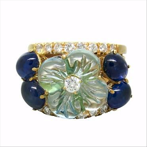 18K Gold Diamond Carved Blue Topaz Sapphire Ring