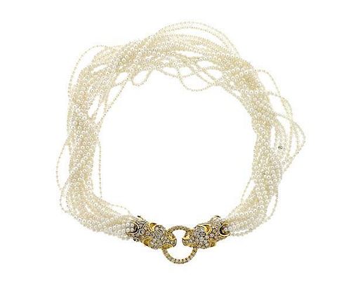 18K Gold Panther 6.70ctw Diamond Pearl Multi Strand Necklace