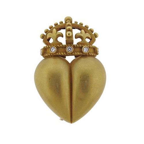Kieselstein Cord 18k Gold Diamond Crown Heart Brooch