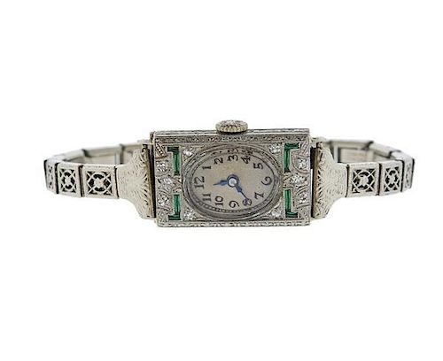 Platinum Art Deco Diamond Emerald Lady&#39;s Watch