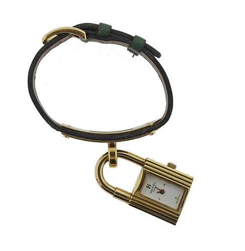 Hermes Kelly Gold Tone Green Lock Charm Watch