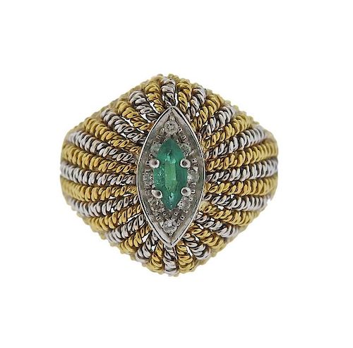 1960s 18k Gold Diamond Emerald Dome Ring