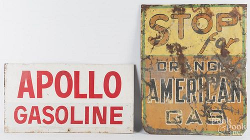 Two painted tin gasoline advertising signs, tallest - 30".