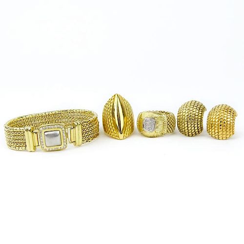 Vintage 14 Karat Yellow Gold Bracelet with Approx. 1.0 Carat Diamond Accent Clasp, Earrings, and Rings Suite.