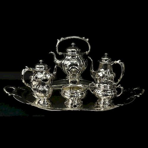 Important Gorham Martele .9584 Silver Tea and Coffee Service With Tray Circa 1910. Retailed by Spaulding & Co., Chicago.