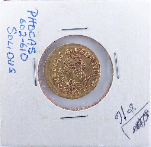Byzantine Empire: Emperor Flavius Phocas Augustus (A.D. 602-610) Gold Solidus in Coin Display.