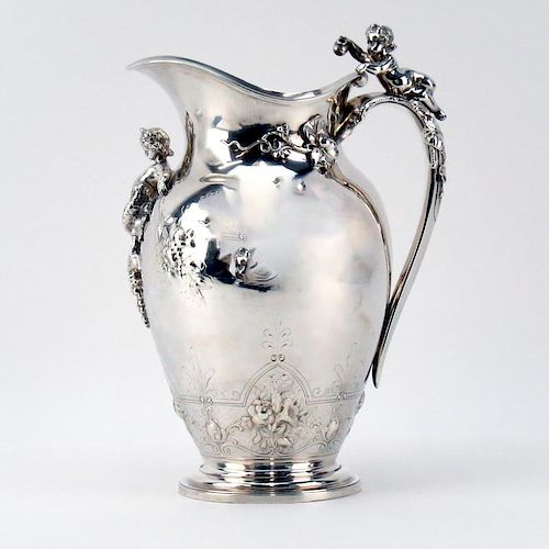 Gorham Art Nouveau Sterling Silver High Relief Cherub and Foliage Water Pitcher.