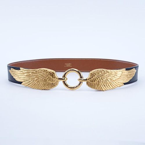 Vintage Hermes Black Leather "Wings" Belt. Gold-tone hardware.