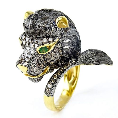 Vintage 18 Karat Yellow Gold, Round Cut Colored Diamond, Emerald Lion Head Ring.
