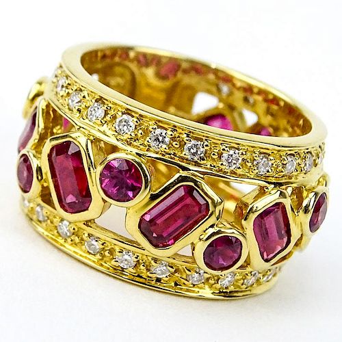 Sonia Bitton 14 Karat Yellow Gold, Diamond, High Quality Round and Baguette Cut Ruby Ring.