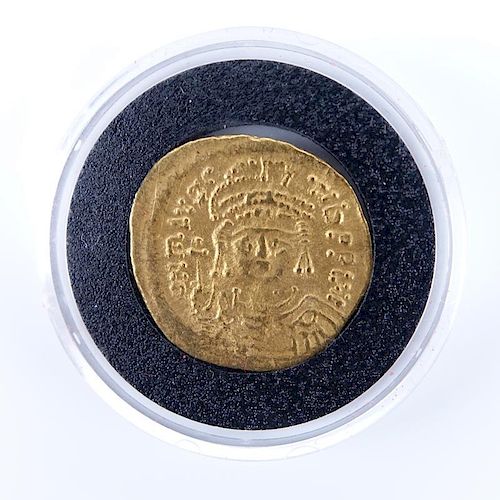 Byzantine Empire: Maurice Tiberius (A.D. 582-602) Gold Solidus in Plastic Display.