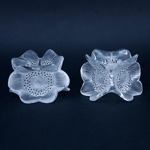 Pair Lalique Anemone Crystal Candleholders. Signed. Good condition.