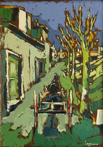 Mid 20th Century Oil Painting bears signature Iagnocco (?). "Cart on Village Road" Signed lower right, inscribed en verso.