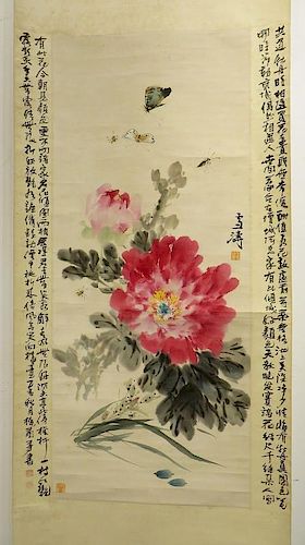 Gorgeous Rare, Wang Xuetao (1903-1984) Peonies Watercolor Scroll.