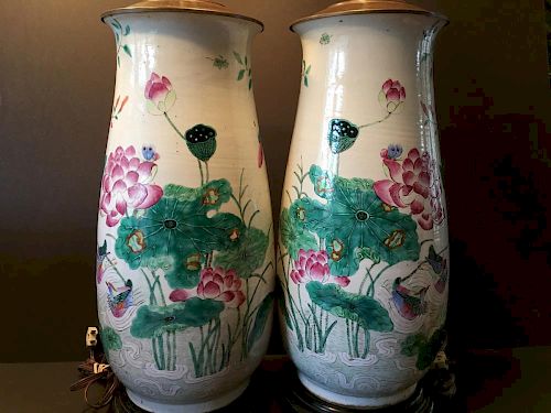 ANTIQUE Chinese Large Famillie Rose flower Vase Lamps, early 19th century. Vase itself 18" high