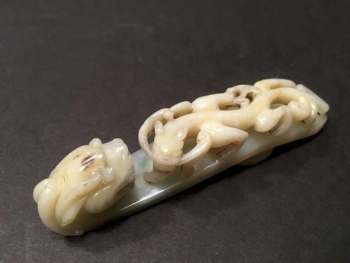 ANTIQUE Large Chinese Feicui Jade dragon hook with carvings, 18th-19th Century, 4 1/2" long