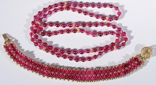 Two piece lot ruby and gold bead necklace along with near matching five strand ruby and gold bead bracelet. bracelet 7 1/8in.