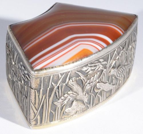 Chinese silver curved box with stone cover, sides decorated with birds and bugs, signed on bottom. ht. 1 1/4in., lg. 3in., dp