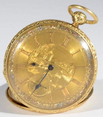 Tobias type 18 karat gold pocket watch with scenic engraved dial, back cover engraved with lady and lamb with two key wind ho