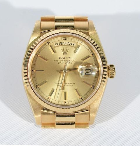 18 karat gold Rolex Oyster Perpetual Day Date Superlative Chronometer, like new condition probably worn 2-3 times, circa 1980