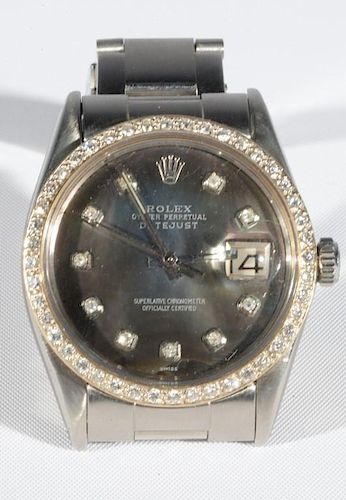 Rolex Oyster Perpetual Date Superlative Chronometer surrounded by diamonds and diamond mounted mother of pearl face, stainles