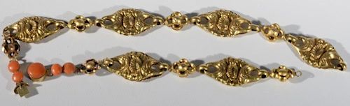 18 karat gold necklace, all with embossed hollow gold mounted with coral near clips, probably 19th century. lg. 16in.