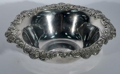 Tiffany & Co. Makers sterling silver bowl with chrysanthemum repousse border. dia. 10 1/4in., 16.5 troy ounces