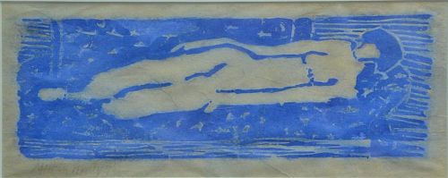 Milton Avery (1885-1965), woodcut printed in blue, "Nude", signed lower left: Milton Avery 1960, sight size 4 1/2" x 11 1/2"