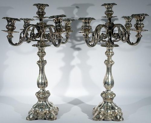 Pair of German silver five light candelabra