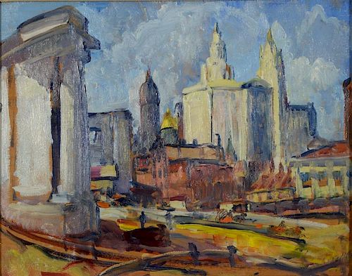 Leon Kroll (1884-1974), oil on panel, Study for Building Manhattan, circa 1913, remnance of signature lower right: Kroll, hav