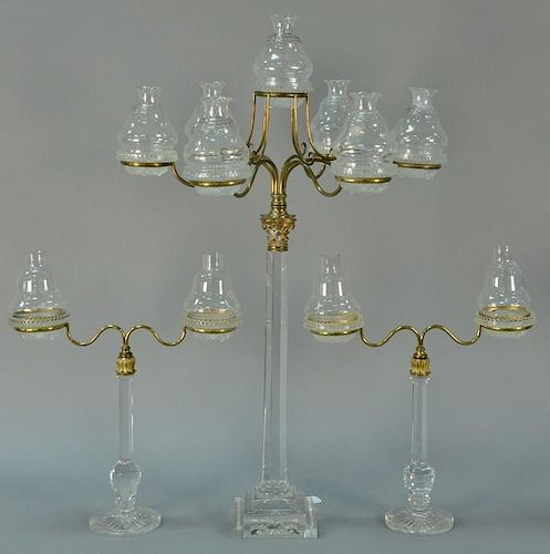 French crystal candelabra three piece set to include large candelabra having six arms supporting crystal wells and glass shad