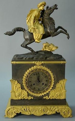 Continental bronze clock mounted atop with horse and mideastern rider in a turban (sword blade missing)