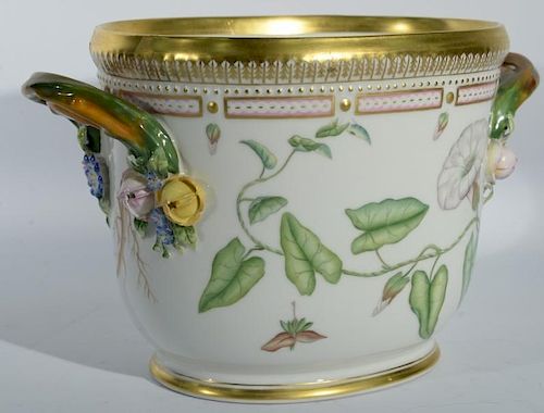 Royal Copenhagen porcelain "Flora Danica" wine cooler having hand painted gold rim over realistic botanical specimen and gilt