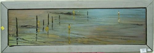 Robert R. Bliss (1925-1981), oil on masonite, Five Figures at the Beach, signed and dated lower right: R. Bliss 59', 33" x 9"