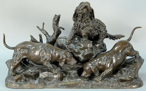 Jules Moigniez (1835-1894) bronze, Fox Hole with group of three dogs ratting on granite base. ht. 20in., wd. 32in., dp. 21in.
