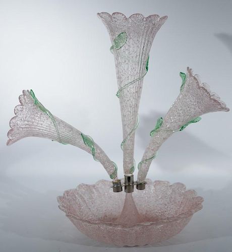 Pink and green art glass epergne with bowl mounted with three vases. ht. 16 1/2in. Provenance: Property from the Estate of Fr