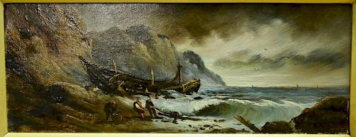 Oil on canvas, Shipwreck Washed Up On Shore, Stormy Morning, unsigned, 19th century