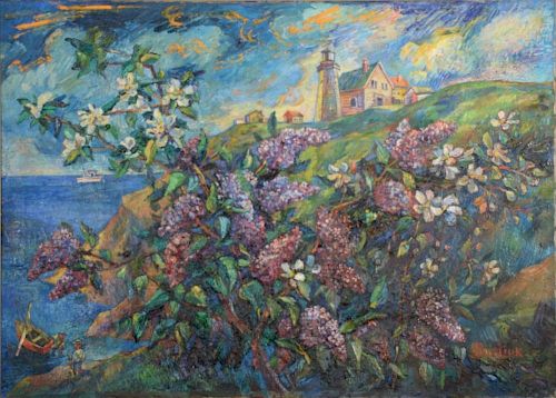David Davidovich Burliuk (1882-1967), oil on canvas, Flowering Tree at Lighthouse Point by the Sea, signed lower right: Burli