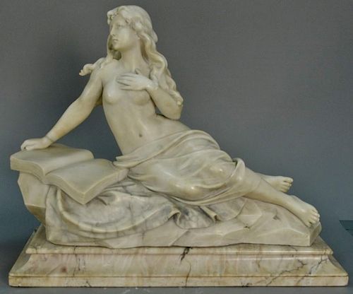 Victorian marble sculpture of reclining woman with a book on realistic base, set on cove edge base (chip in base). ht. 19 1/2