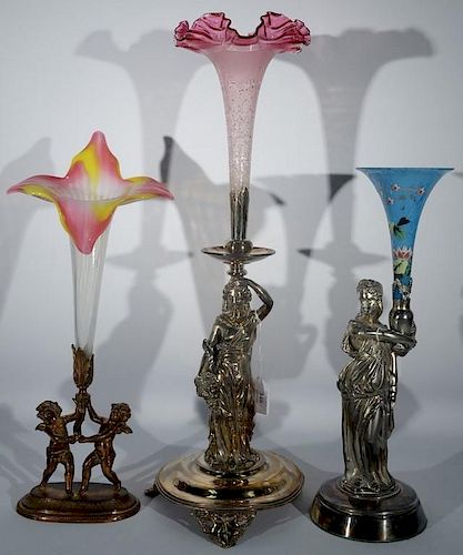 Three piece lot to include a Victorian silver plate and cranberry art glass epergne, ruffle edge vase above Classical female
