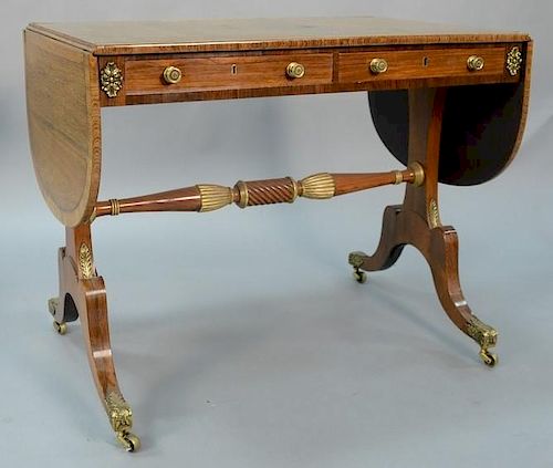 George III Rosewood drop leaf sofa table with brass inlaid top having one drawer on either side with one faux drawer, set on