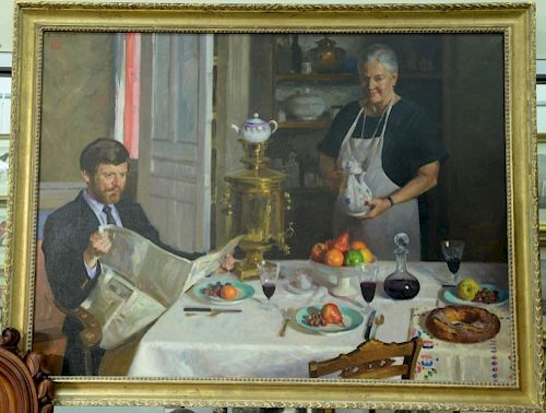 Randall Lake (b. 1945), oil on canvas, "Russian Lunch", signed and dated top left: R. Lake 1987, molded wood frame, 40" x 54"