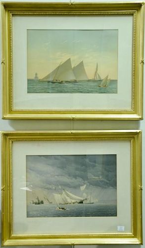 Fred S. Cozzens, pair of colored lithographs, untitled, sailing at dusk and sailboats caught in a storm, pencil signed lower