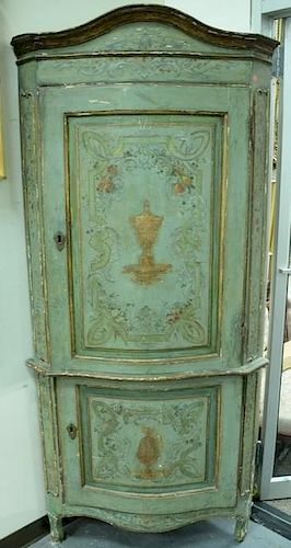 Pair of Venetian corner cabinets, each with one bowed door in top and one bowed door in bottom, each in old paint decorated w