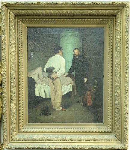 19th century, oil on canvas, The Soldier's Payment, signed illegibly lower right, 20 3/4" x 16 1/2"