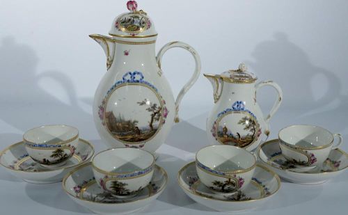 Ten piece late 18th century Meissen porcelain tea set having pictorial scene polychrome and gold painted border all with unde